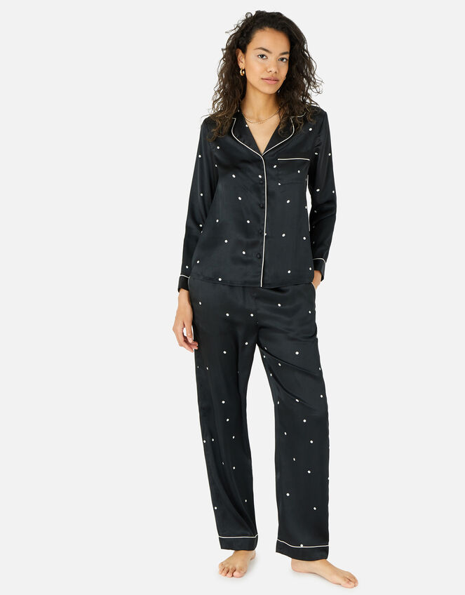 Spot Print Satin PJ Set, Black (BLACK WHITE), large