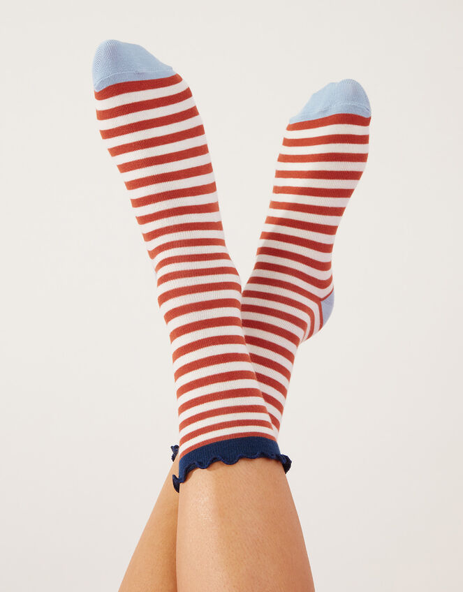 Stripe and Frill Socks, Brown (BROWN), large