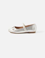 Girls PU Flower Ballerina Flats, Silver (SILVER), large