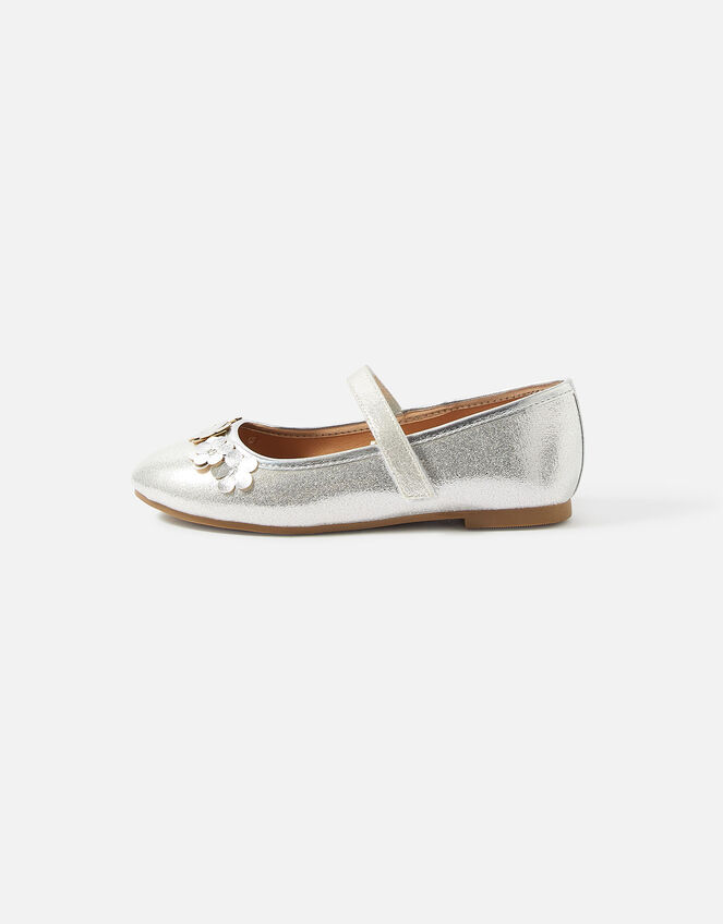 Girls PU Flower Ballerina Flats, Silver (SILVER), large