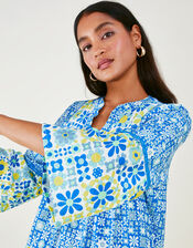 Retro Tile Print Dress, Blue (BLUE), large