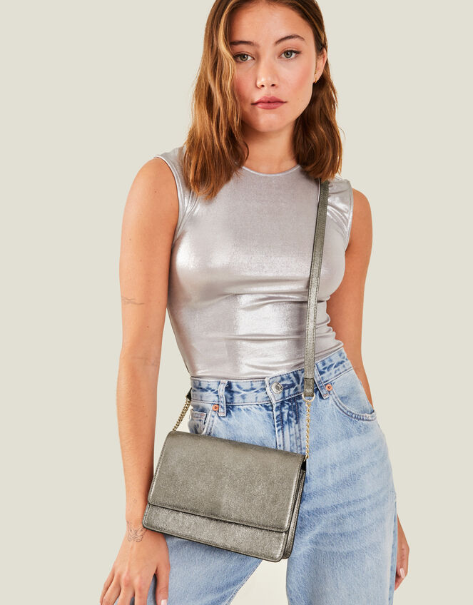 Glittery Leather Cross-Body Bag, Gold (GOLD), large