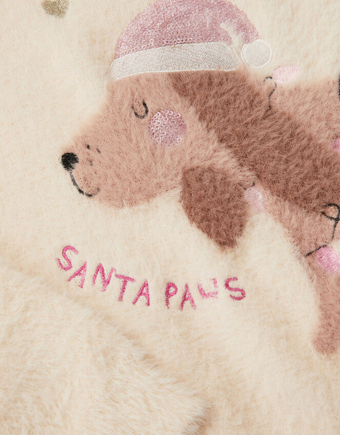 Girls Fluffy Dog Christmas Jumper, Ivory (IVORY), large