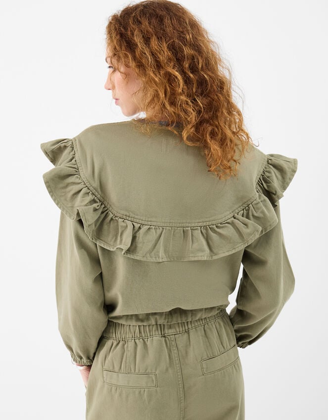Ruffle Denim Jacket, Green (KHAKI), large