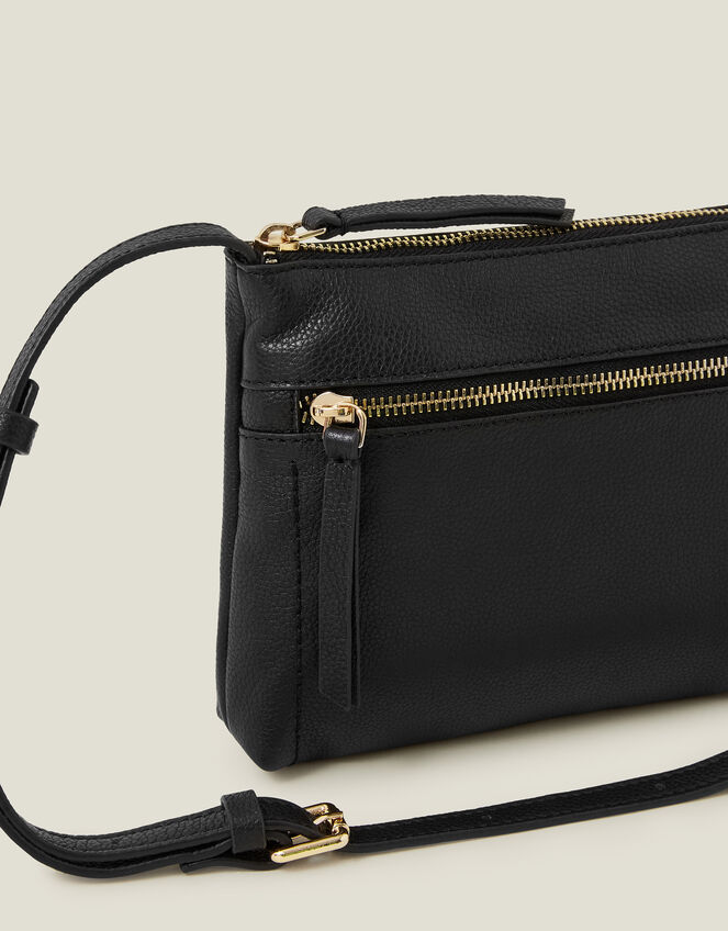 Zip Detail Leather Cross-Body Bag, Black (BLACK), large