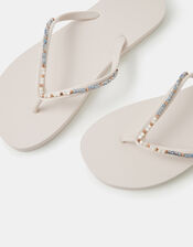 Bead Embellished Flip Flops, White (WHITE), large
