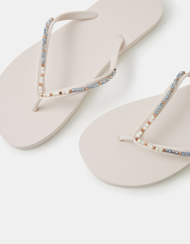 Bead Embellished Flip Flops, White (WHITE), large