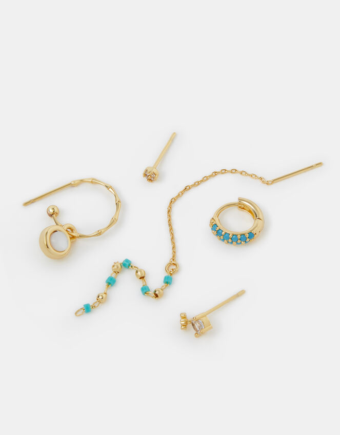 5-Pack 14ct Gold-Plated Blue Stone Stud & Hoop Earrings, , large