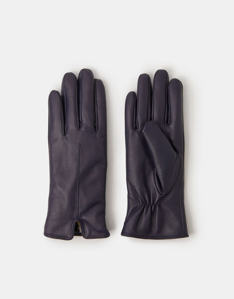 Faux Fur Lined Leather Gloves, Blue (NAVY), large