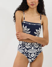 Floral Print Bandeau Swimsuit, Blue (NAVY), large