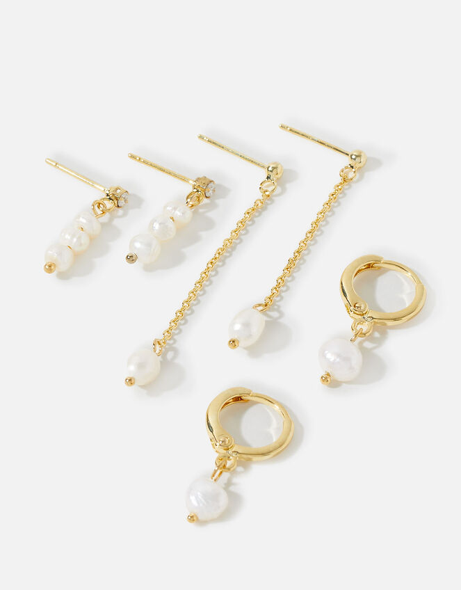 Gold-Plated Pearl Drop and Hoop Earring Set, , large