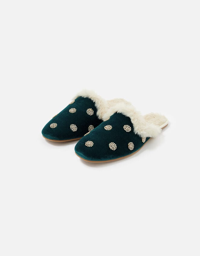 Embellished Spot Velvet Slippers, Teal (TEAL), large