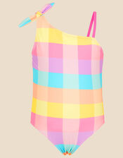 Girls Asymmetric Check Swimsuit, Multi (BRIGHTS-MULTI), large