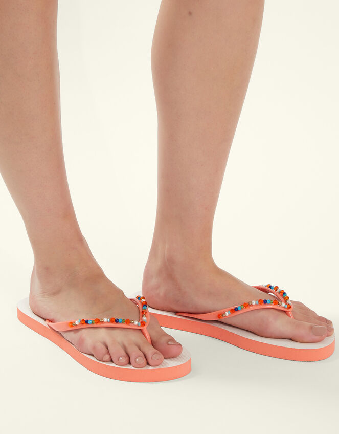 Beaded Shell Print Flip Flops, Orange (ORANGE), large