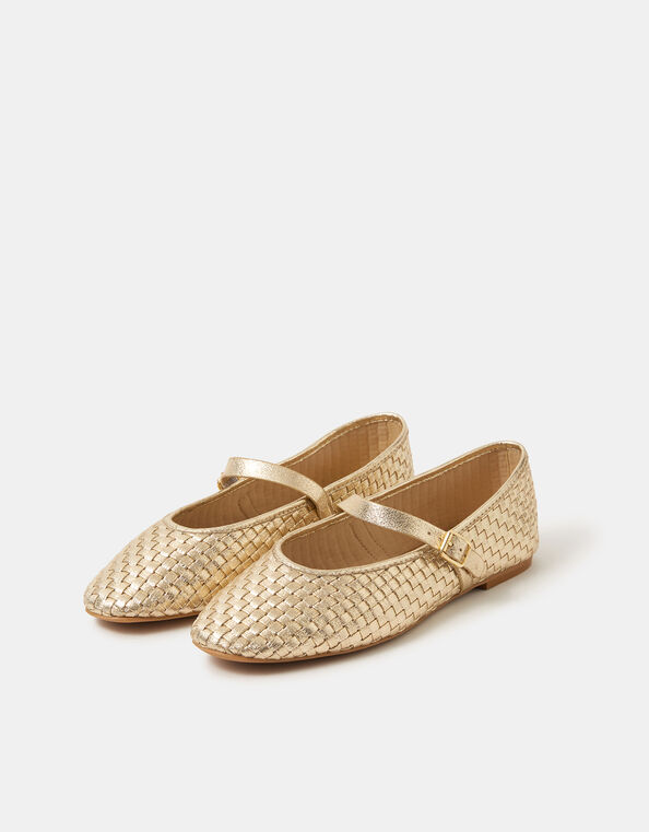 Woven Mary Jane Ballet Flats, Gold (GOLD), large