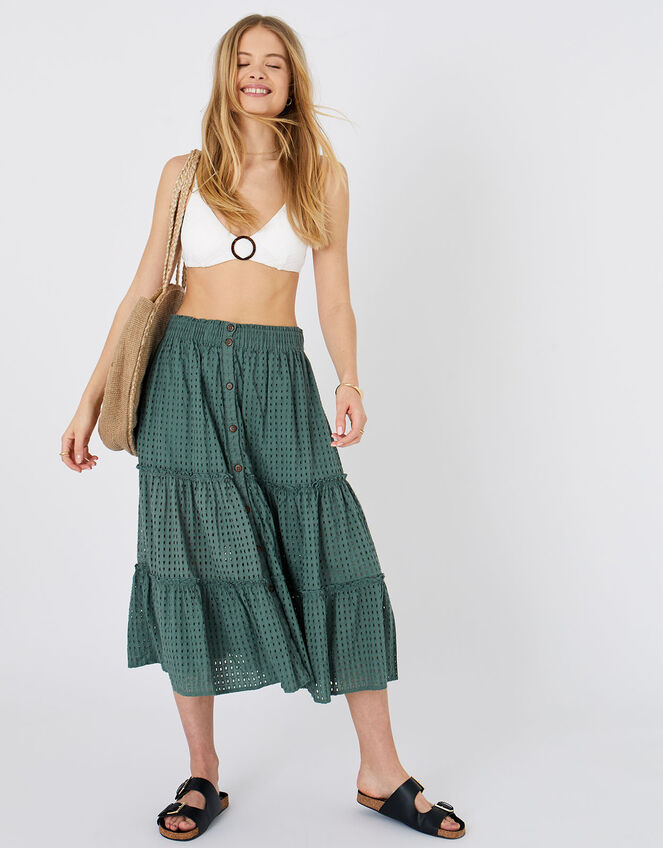 Tiered Broderie Skirt, Green (KHAKI), large