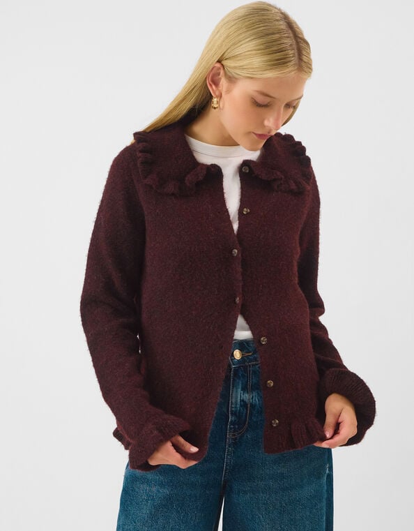 Ruffle Collar Cardigan, Brown (CHOCOLATE), large