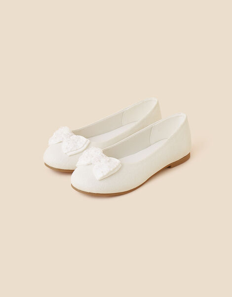 Girls Glitter Bow Ballerina Flats, Ivory (IVORY), large