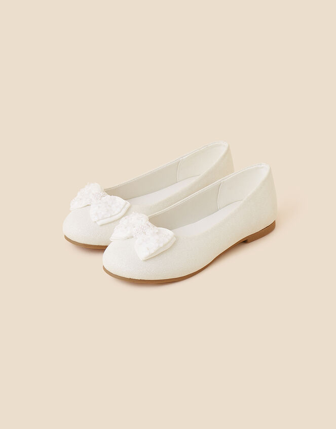 Girls Glitter Bow Ballerina Flats, Ivory (IVORY), large