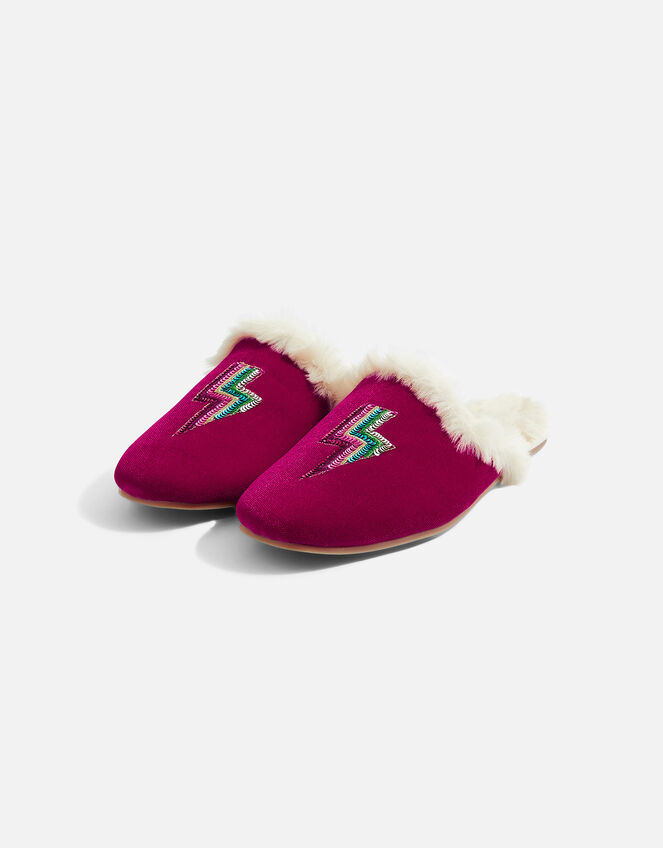 Embellished Lightning Bolt Velvet Slippers, Pink (FUCHSIA), large
