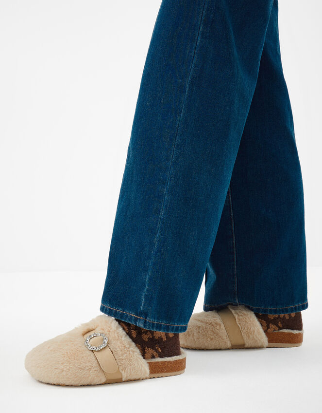 Sparkle Buckle Faux Fur Slippers, Natural (NATURAL), large