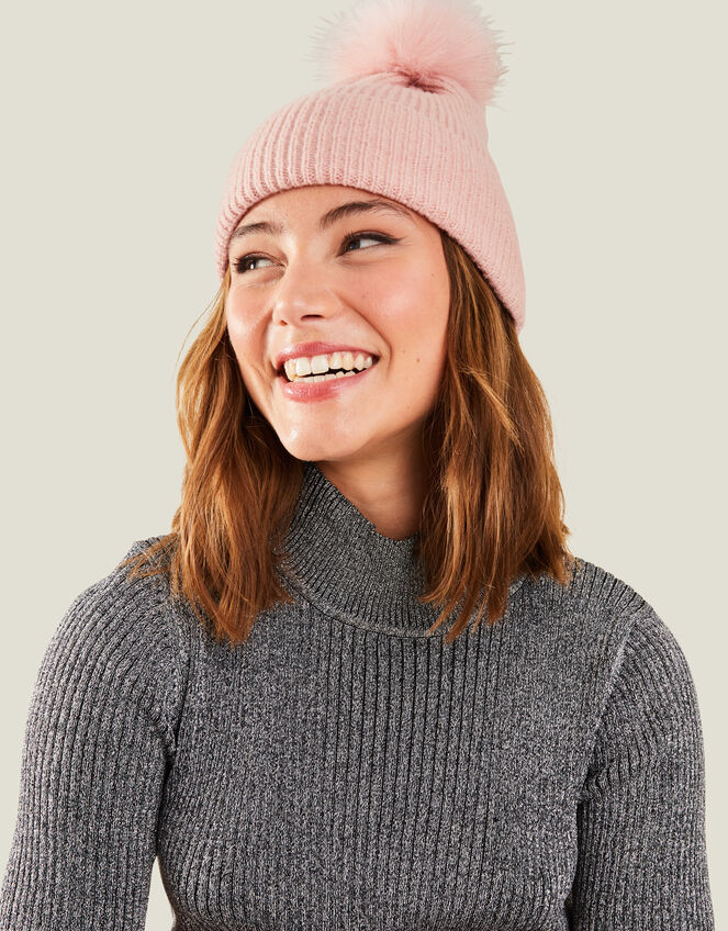 Knit Pom-Pom Beanie , Pink (PALE PINK), large