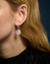 Sterling Silver-Plated Celestial Coin Charm Hoop Earrings, , large