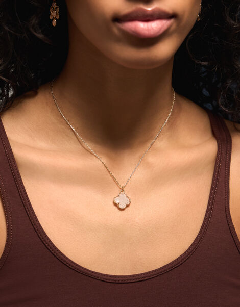 14ct Gold-Plated Rose Quartz Clover Pendant Necklace, , large