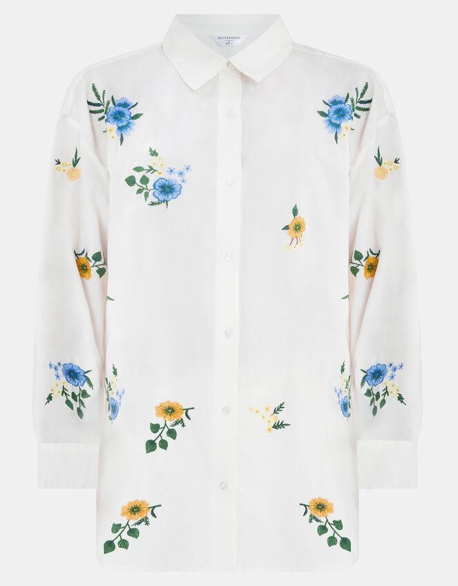 Floral Embroidered Cotton Shirt, White (WHITE), large
