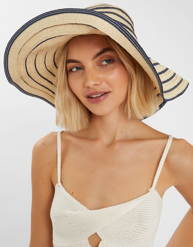 Stripe Straw Floppy Sun Hat, , large