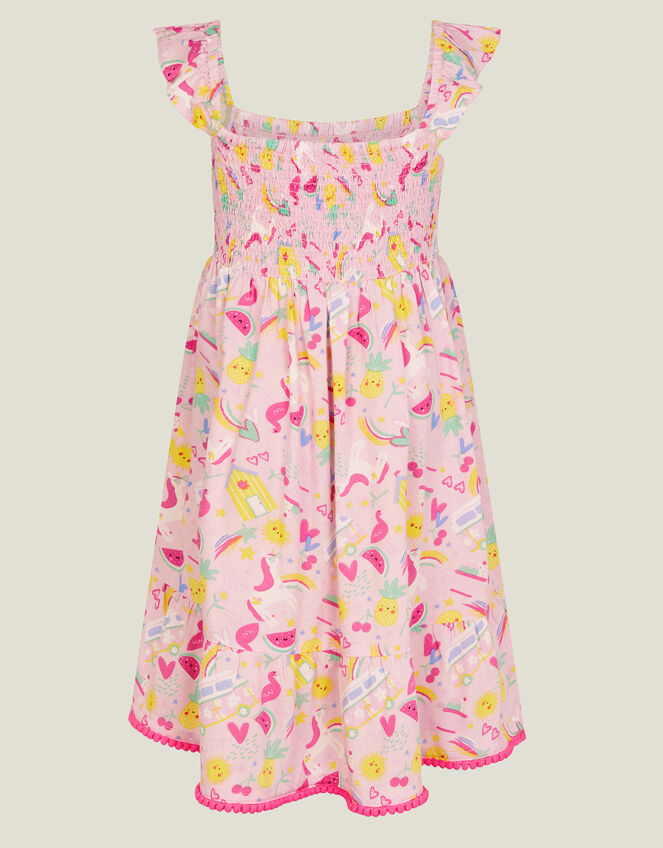 Girls Sunbeam Print Shirred Dress, Pink (PINK), large