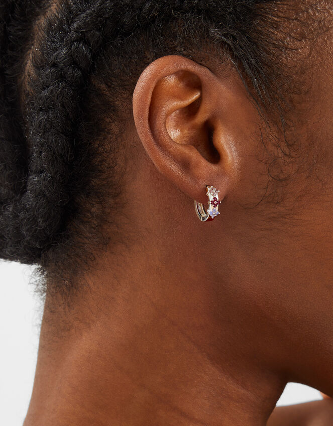 Sterling Silver-Plated Gem Flower Hoop Earrings, , large