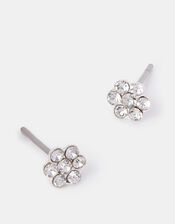 Sterling Silver-Plated Sparkle Flower Studs, , large