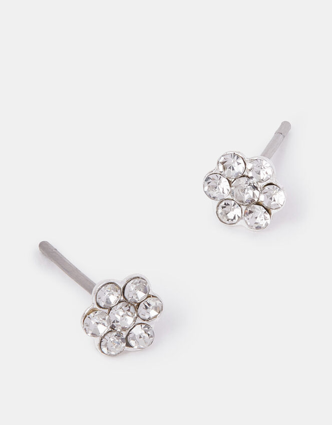 Sterling Silver-Plated Sparkle Flower Studs, , large
