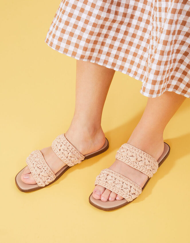 Raffia Macrame Two Strap Mules, Natural (NATURAL), large