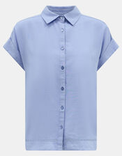 Lace Trim Linen Blend Shirt , Blue (LIGHT BLUE), large