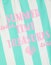 Girls Slogan Stripe Swimsuit, Blue (TURQUOISE), large