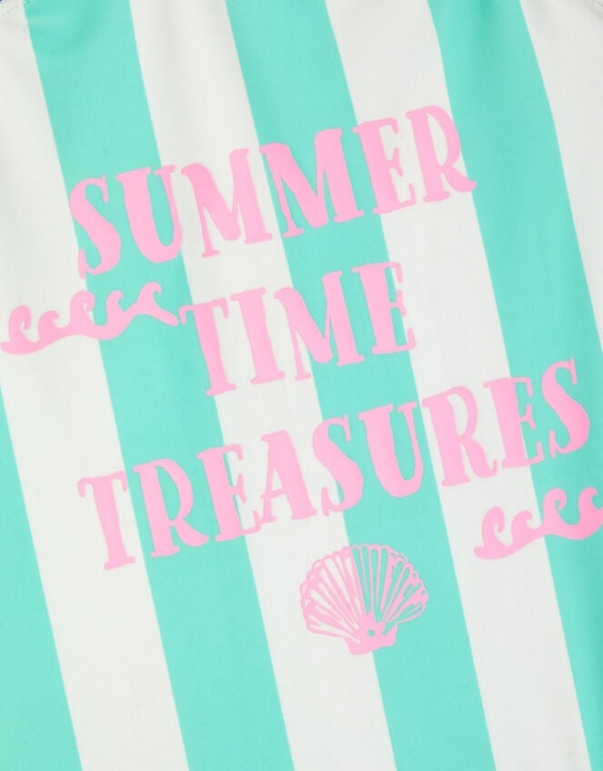 Girls Slogan Stripe Swimsuit, Blue (TURQUOISE), large