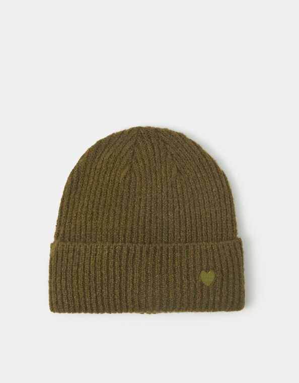 Heart Embroidered Beanie Hat, Green (OLIVE), large