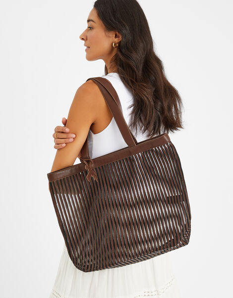 Mesh Stripe Shopper Bag, Brown (CHOCOLATE), large
