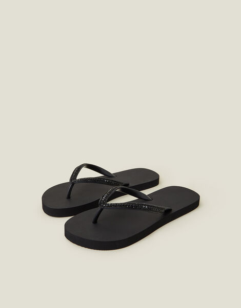 Crystal Embellished Flip Flops, Black (BLACK), large