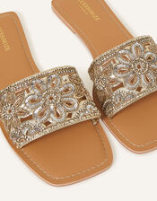 Flower Embellished Sandals, Gold (GOLD), large
