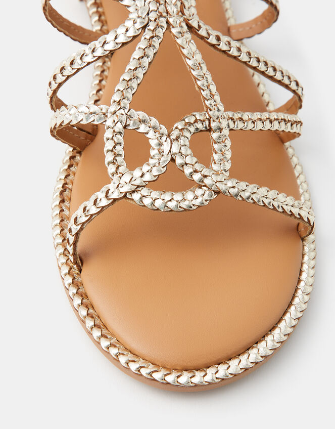 Metallic Braided Leather Sandals, Gold (GOLD), large