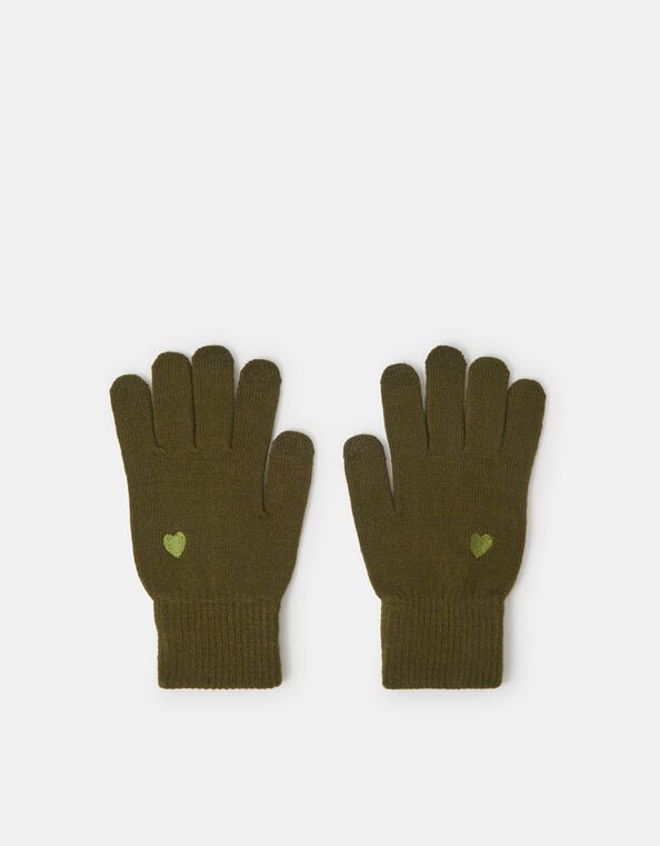 Heart Embroidered Touchscreen Gloves, Green (OLIVE), large
