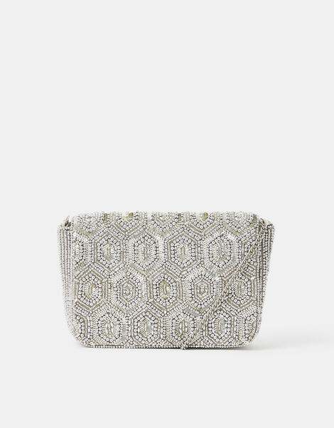 Embellished Fold Over Clutch Bag, Silver (SILVER), large