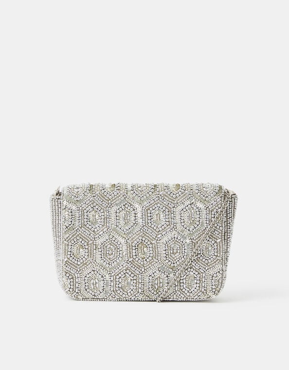 Embellished Fold Over Clutch Bag, Silver (SILVER), large