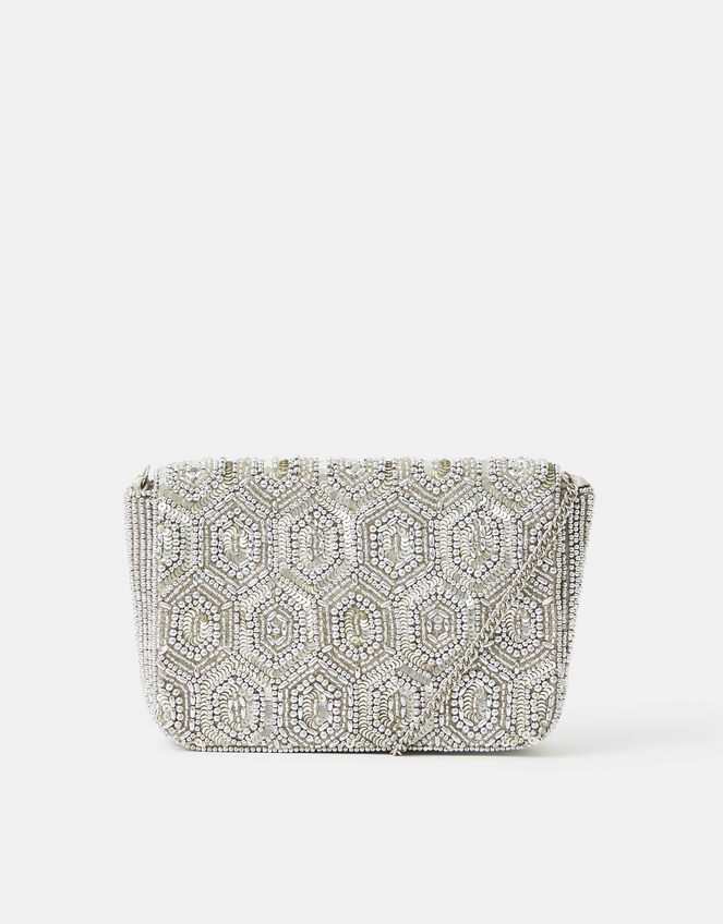 Embellished Fold Over Clutch Bag, Silver (SILVER), large