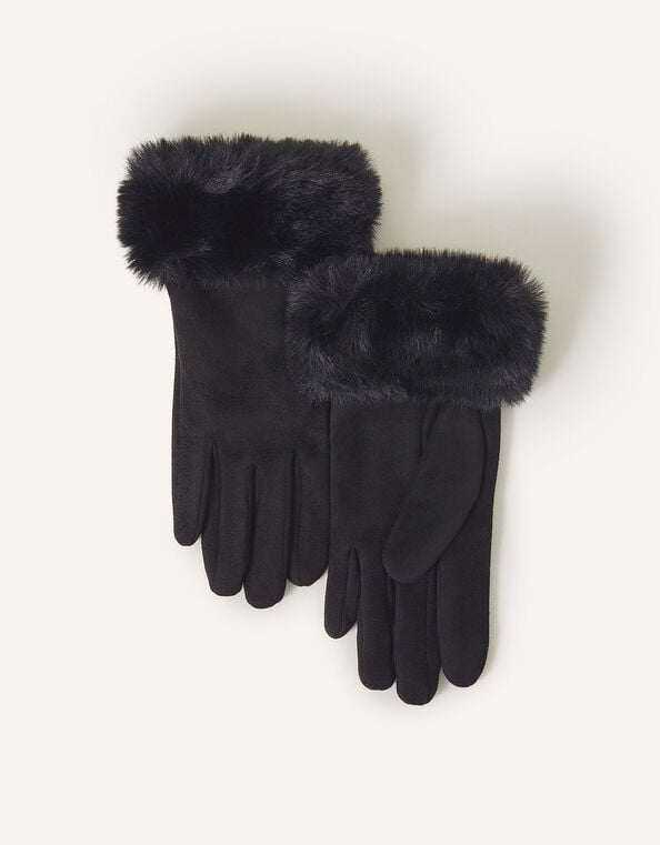 Suedette Faux Fur Cuff Gloves, Black (BLACK), large