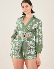 Ornamental Print Tie Waist Shorts, Green (KHAKI), large
