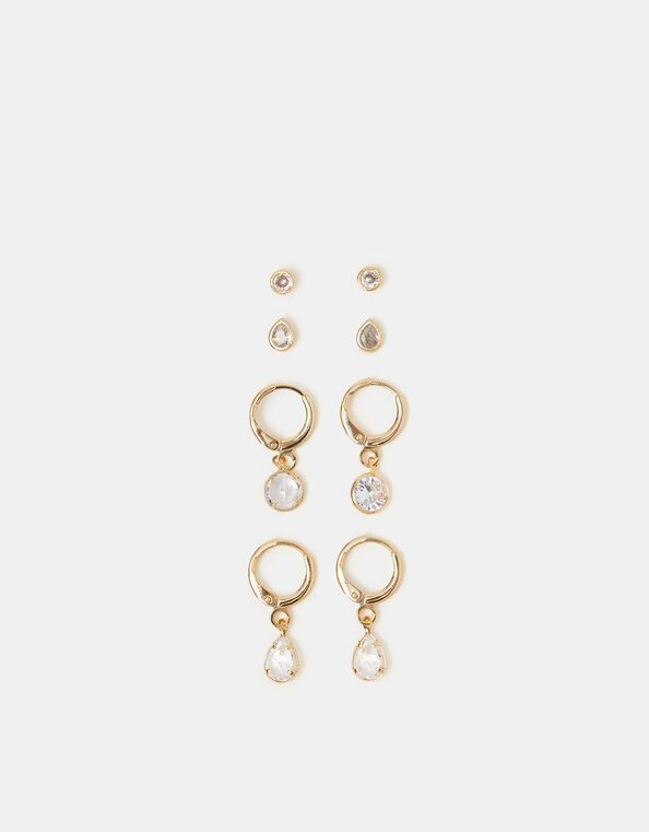 4-Pack 14ct Gold-Plated Crystal Hoop & Stud Earrings, , large